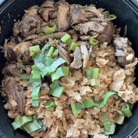 Rice topped with stir fried striped shiitake & TVP 😇 (I ordered from this restaurant everyday)   at So Vegan - Yaowarat​ in Bangkok