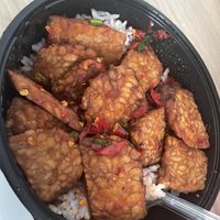 Stir fried tempeh with salt & chilli w/ rice😄  at So Vegan - Yaowarat​ in Bangkok