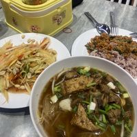 Mushroom tofu soup, papaya salad and mixed pork less meat  at So Vegan - Yaowarat​ in Bangkok