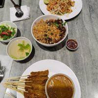 Satay, rice with mushrooms and soup at So Vegan - Yaowarat​ in Bangkok