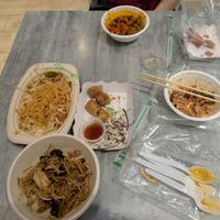 Pad Thai, Ginger salad and Spring Rolls (plus other stuff from a stall outside) at So Vegan - Yaowarat​ in Bangkok