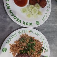 Fishless patties and rice porkless with basil. at So Vegan - Yaowarat​ in Bangkok