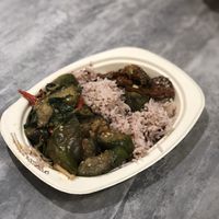 Rice with 2 dishes (spicy eggplant and fried vegan fish) at So Vegan - Yaowarat​ in Bangkok