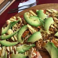 Mexican Pizza with nachos on it! at Vegan in Cochabamba
