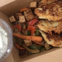 potato and carrot fritters, grilled vegetables and tofu, tartar sauce at Vanderveg in Ljubljana