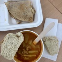 green beans soup with seitan and home made bread, pancakes with marmalade  at Vanderveg in Ljubljana