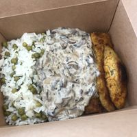 seitan steaks with cremy mushrooms and rice with peas  at Vanderveg in Ljubljana
