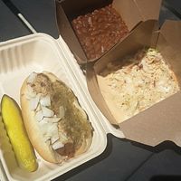 Seitan Hot Dawg (Bayou Classic Variation), Baby's Baked Beans, Nat King Coleslaw at Juju's Vegan Cajun & Creole Cuisine  in Lincoln