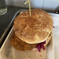 Nashville lions mane sandwich with the vegan/sesame bun  at Far West Fungi in Santa Cruz