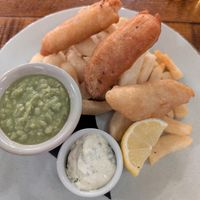 Vegan fish and chips (banana blossom) at The Milton Arms in Barnsley