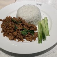 Rice with stir-fried plant-based meat, basil and dried chili, 139 baht  at Sook Sathorn - Silom in Bangkok