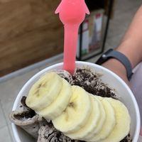 My bf got cookies and creme with Oreo and banana toppings at Sweet Creams in Honolulu