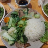 'Beef' and veggies with rice. at Huong Viet in Hanoi