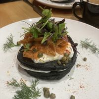 “Salmon” lox and charcoal pancakes 😍 at The Quirk Space in Olney