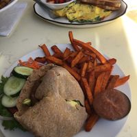 Vegan Burger with Sweet Potato Fries and banana ketchup  at The Front Porch Cafe in Miami Beach