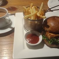 Vegan Tofu coconut burger and soy masala chai. Very tasty. at Utpala Café in Kathmandu