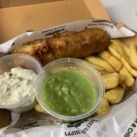 Vegan Fish’n’Chips with tartar sauce and mashed peas  at Mayfair Chippy in West London