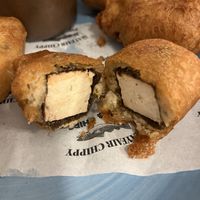 Inside view of tofu “fish”  at Mayfair Chippy in West London