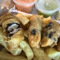 Vegan fish made from tofu, seaweed, etc.  at Mayfair Chippy in West London