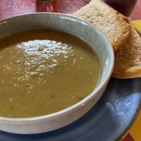 Sweet potato and corn soup with yummy toasted bread at Fat Dog in Rotorua