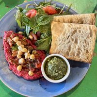 Toast with beetroot hummus and pesto   at Fat Dog in Rotorua