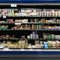 An entire cool section dedicated to dairy free cheeses, sauces, dips and spreads as well as some meat free burger patties and faux meats. at Sam Coco Trading in Annerley