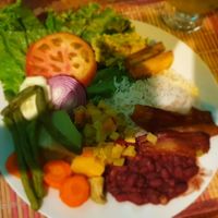 Vegan casado with beans, veggies, fried plantain, rice and yuca. at Restobar Balú in Quepos