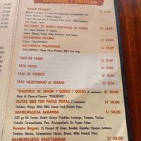 Regular menu at Karamba Restobar  in Paracas