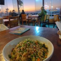 Vegan chaufa and view from upstairs at Karamba Restobar  in Paracas