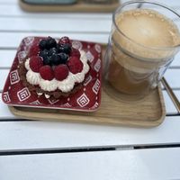 Vegan tart and vegan latte  at Nuts in Biarritz