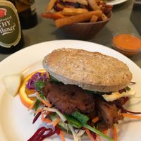 Sandwich with avocado and seitan + fries with chili mayo at Cafe N in Copenhagen