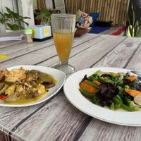  Singarajan dish, kombucha, and 5 veggie plate  at Vegi House in Singaraja