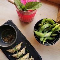 vegetable gyoza, edamame, homemade dragonfruit lemonade at BON in Prague
