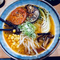 Vegan ramen; Aubergine, tomato, pak choi, mushrooms, sweetcorn, beansprouts, noodles at BON in Prague