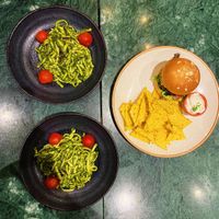 Pasta with pesto and the Mexican burger. at The Green Affair - Chiado in Lisbon