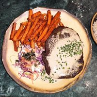 Seitan Steak with sweet potato fries and salad #Veganuary at The Green Affair - Chiado in Lisbon