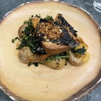 Fish-like Tofu on potatoes and sautéed greens  at The Green Affair - Chiado in Lisbon