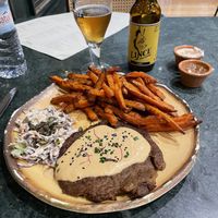 Seitan steak with coleslaw and fried sweet potatoes   at The Green Affair - Chiado in Lisbon