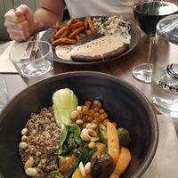 Main dish: Buddha bowl and seitan steak. at The Green Affair - Chiado in Lisbon