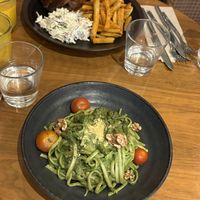 Pesto pasta & seitan bbq and chips  at The Green Affair - Chiado in Lisbon