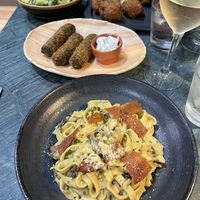 Cauliflower wings, croquettes, and carbonara.   at The Green Affair - Chiado in Lisbon