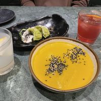 Lunch starters: gyoza and soup + homemade drinks  at The Green Affair - Chiado in Lisbon