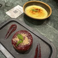 Chocolate dessert and crème brulde  at The Green Affair - Chiado in Lisbon