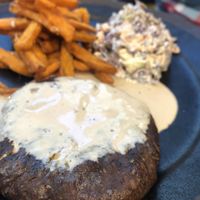 Seitan steak with peppers sauce, sweet potato fries and coleslaw  at The Green Affair - Chiado in Lisbon