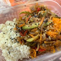 Rice and stir fry veggies at Freshpoint Deli in Mendoza