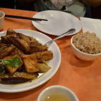 Basil Eggplant Deep Fried Tofu with brown rice at Enjoy Vegetarian - Financial District in San Francisco