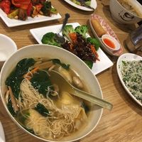 Wonton soup, Kung Pao Chicken, Spring Rolls, Spare ribs, and Spinach and pine nut fried rice  at Enjoy Vegetarian - Financial District in San Francisco