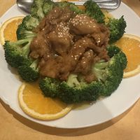 Orange chicken and broccolii  at Enjoy Vegetarian - Financial District in San Francisco