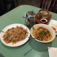 Fried rice + noodles with saucy peanut sauce at Enjoy Vegetarian - Financial District in San Francisco