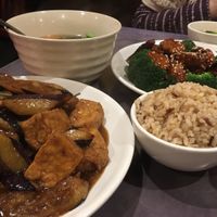 General tso chicken, tofu and eggplant satay, vegetable soup.  at Enjoy Vegetarian - Financial District in San Francisco